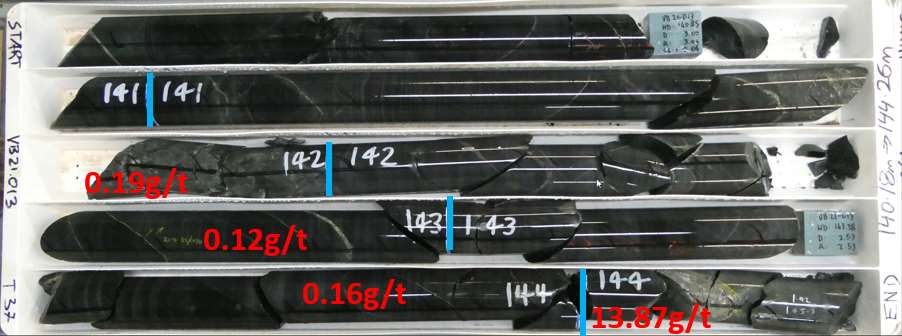 Drill intercepts from VB21-013 showing mineralization