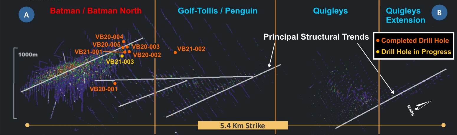 Plan view of the area covered by the A B section line with structural interpretations