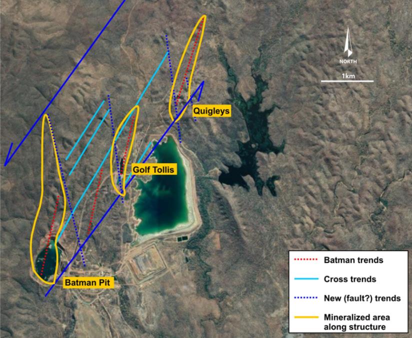 Relationship of known structural trends relative to existing mineral deposits and exploration targets